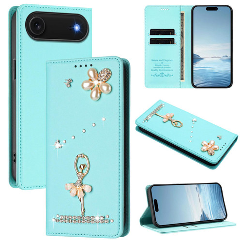 iPhone Air Ballet Girl Diamond Studded RFID Vegan Leather Phone Case - Mint Green