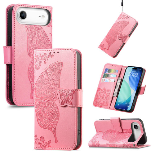 iPhone Air Butterfly Love Flower Embossed Leather Phone Case - Pink