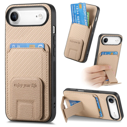 iPhone Air Carbon Fiber Card Bag Fold Stand Phone Case - Khaki
