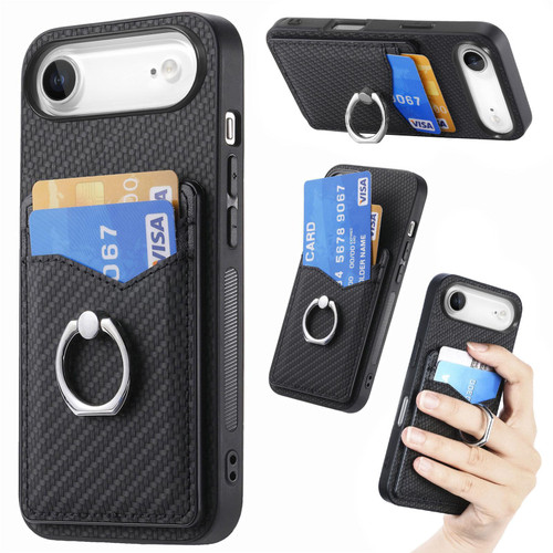 iPhone Air Carbon Fiber Card Wallet Ring Phone Case - Black