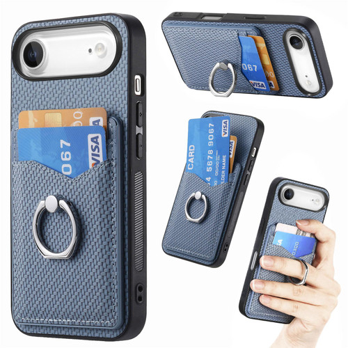 iPhone Air Carbon Fiber Card Wallet Ring Phone Case - Blue