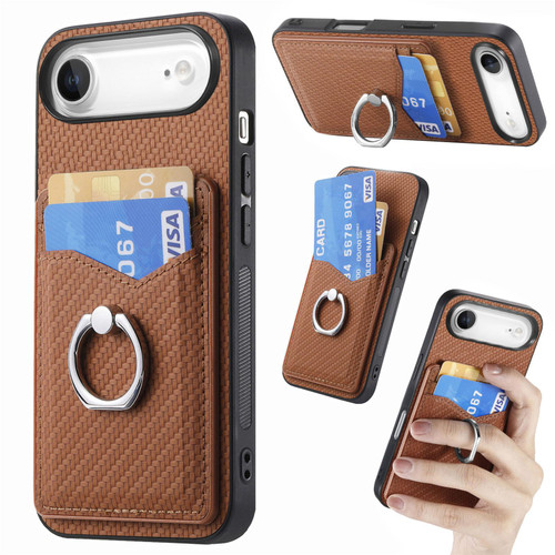 iPhone Air Carbon Fiber Card Wallet Ring Phone Case - Brown
