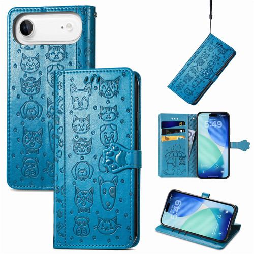 iPhone Air Cat and Dog Embossed Leather Phone Case - Blue
