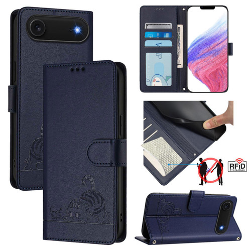 iPhone Air Cat Rat Embossed Pattern RFID Leather Phone Case with Lanyard - Blue