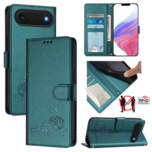 iPhone Air Cat Rat Embossed Pattern RFID Leather Phone Case with Lanyard - Peacock Green