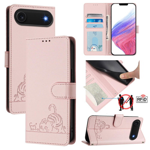 iPhone Air Cat Rat Embossed Pattern RFID Leather Phone Case with Lanyard - Pink