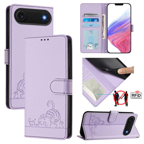 iPhone Air Cat Rat Embossed Pattern RFID Leather Phone Case with Lanyard - Purple