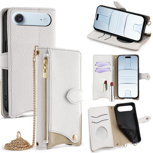 iPhone Air Crossbody Chain Fishtail Litchi Leather Phone Case - White
