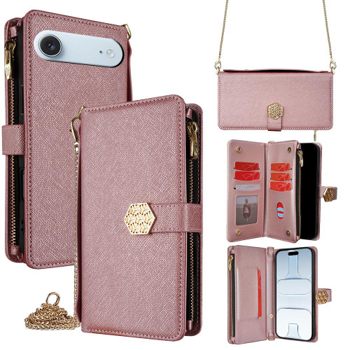 iPhone Air Crossbody Handle Cross Texture Leather Phone Case - Rose Gold