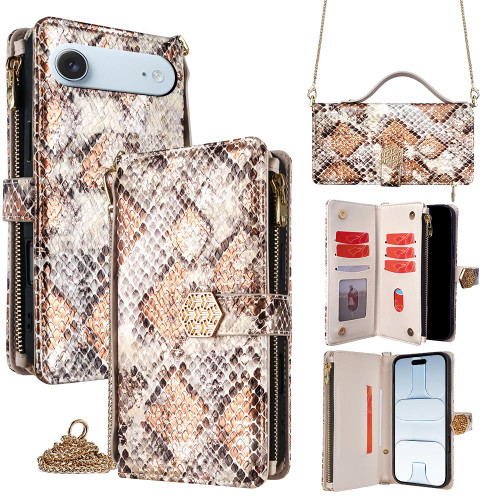 iPhone Air Crossbody Handle Snake Texture Leather Phone Case - White