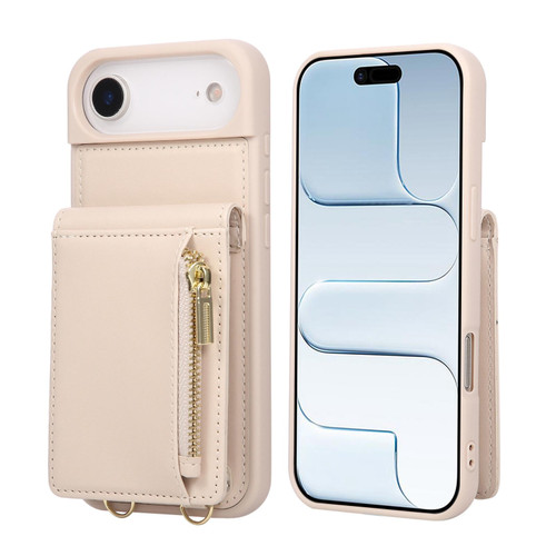 iPhone Air Crossbody Lanyard Zipper Wallet Leather Phone Case - Beige