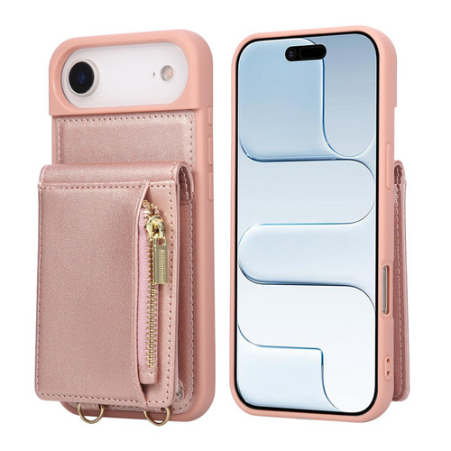 iPhone Air Crossbody Lanyard Zipper Wallet Leather Phone Case - Rose Gold