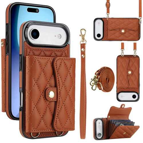 iPhone Air Crossbody Rhombic Horizontal Wallet Leather Phone Case - Brown