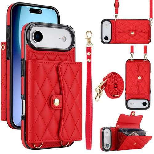 iPhone Air Crossbody Rhombic Horizontal Wallet Leather Phone Case - Red