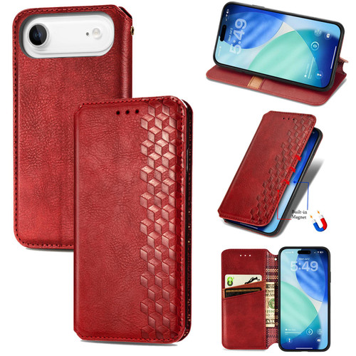 iPhone Air Cubic Grid Pressed Magnetic Leather Phone Case - Red