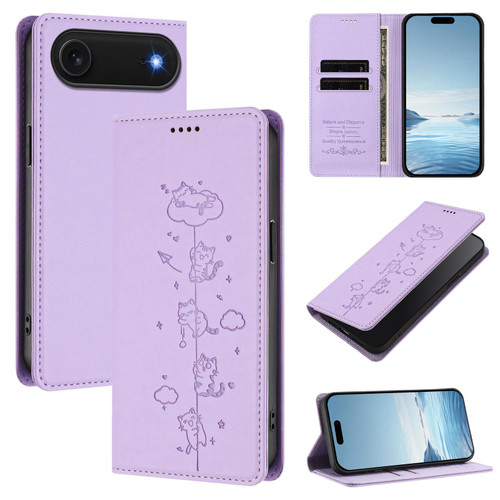 iPhone Air Cute Cats Embossed Magnetic RFID Vegan Leather Phone Case - Light Purple