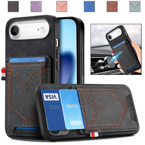 iPhone Air Denim Texture Leather Skin Phone Case with Card Slot - Black