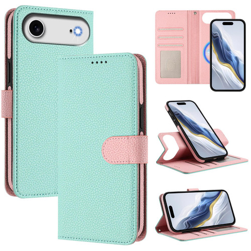 iPhone Air Detachable Litchi Texture Magnetic Side-Patch Vegan Leather Phone Case - Mint Green Pink