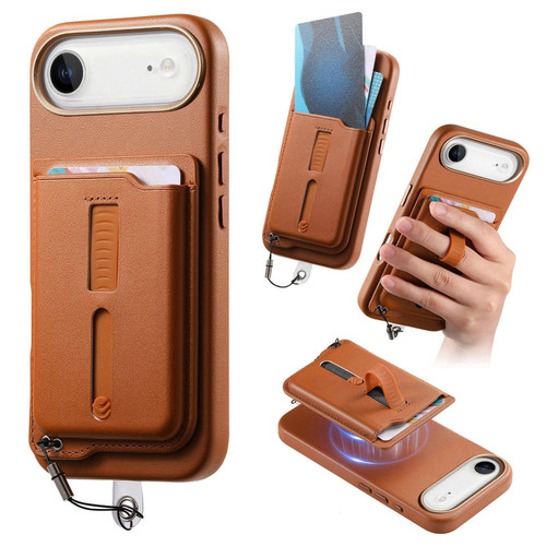 iPhone Air Detachable Magnetic Card Bag Phone Case with Finger Ring Grip & Anti-loss Rope - Brown