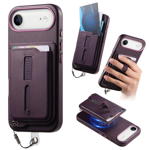 iPhone Air Detachable Magnetic Card Bag Phone Case with Finger Ring Grip & Anti-loss Rope - Purple