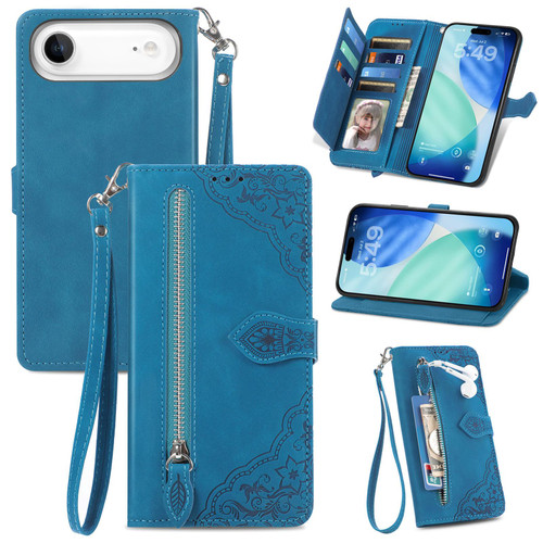 iPhone Air Embossed Flower Zipper Leather Phone Case - Blue