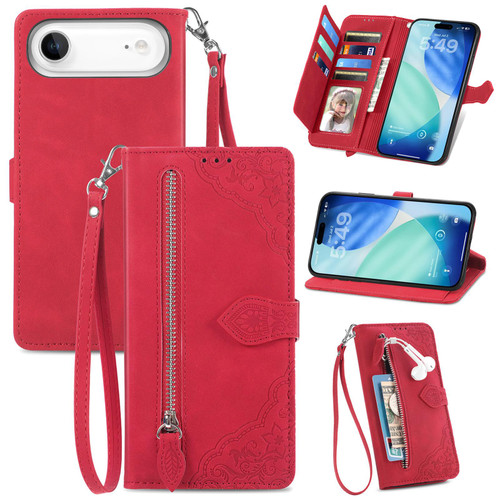 iPhone Air Embossed Flower Zipper Leather Phone Case - Red