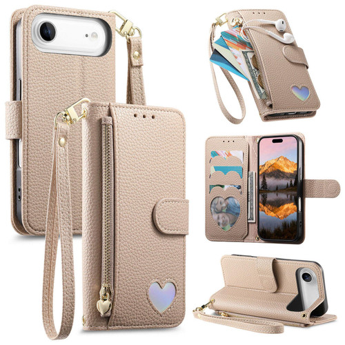 iPhone Air Fantasy Love Heart Zipper Wallet Vegan Leather Phone Case with Strap - Beige