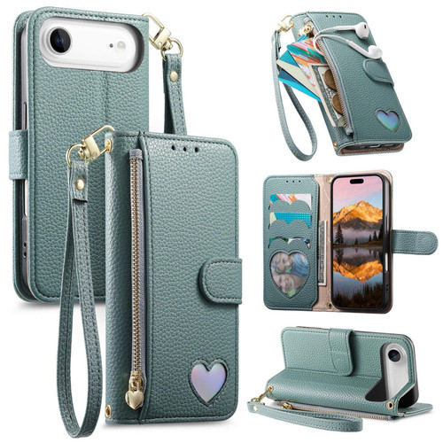 iPhone Air Fantasy Love Heart Zipper Wallet Vegan Leather Phone Case with Strap - Green