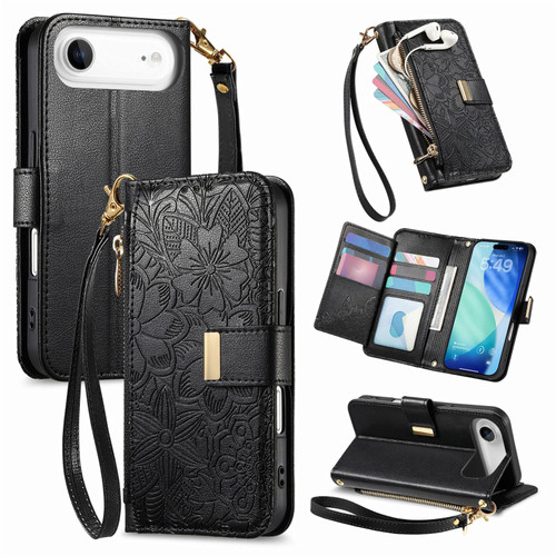 iPhone Air Flowers Leaves Zipper Wallet Leather Phone Case with Strap - Black