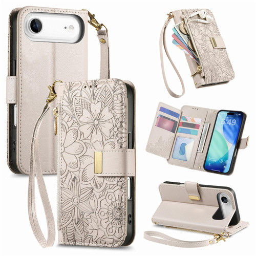 iPhone Air Flowers Leaves Zipper Wallet Leather Phone Case with Strap - Khaki