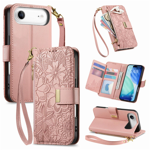 iPhone Air Flowers Leaves Zipper Wallet Leather Phone Case with Strap - Pink