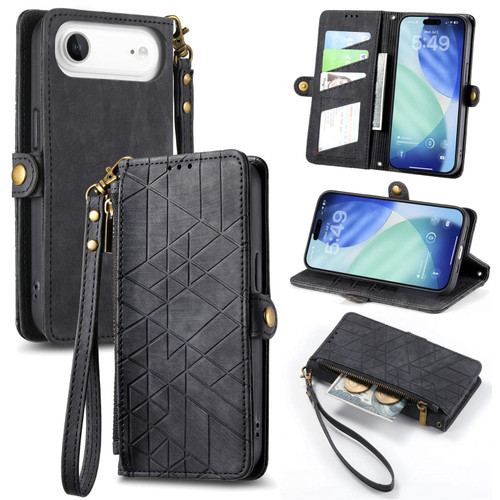 iPhone Air Geometric Zipper Wallet Side Buckle Leather Phone Case - Black