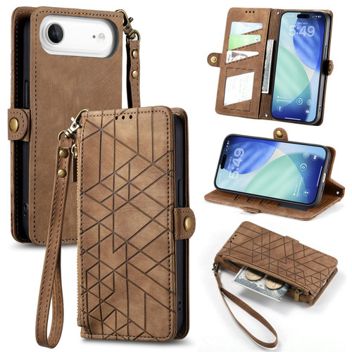 iPhone Air Geometric Zipper Wallet Side Buckle Leather Phone Case - Brown