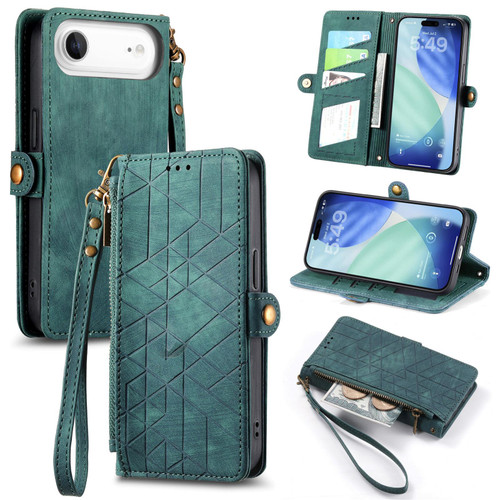 iPhone Air Geometric Zipper Wallet Side Buckle Leather Phone Case - Green