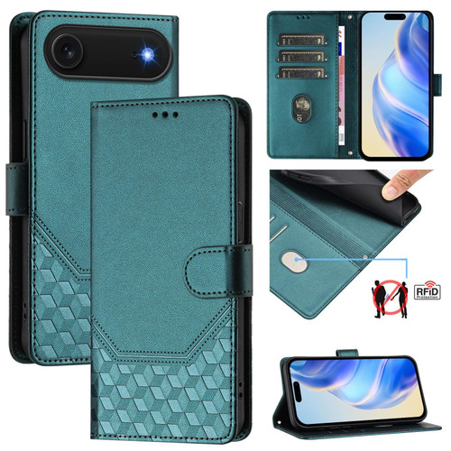 iPhone Air Honeycomb Embossing RFID Leather Phone Case - Peacock Green