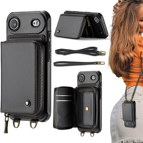 iPhone Air JEEHOOD C22 Series Zipper Wallet Leather Phone Case with Dual Lanyard - Black