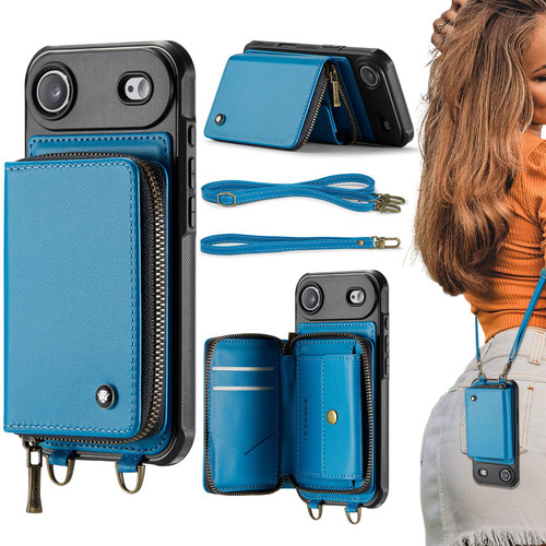 iPhone Air JEEHOOD C22 Series Zipper Wallet Leather Phone Case with Dual Lanyard - Blue