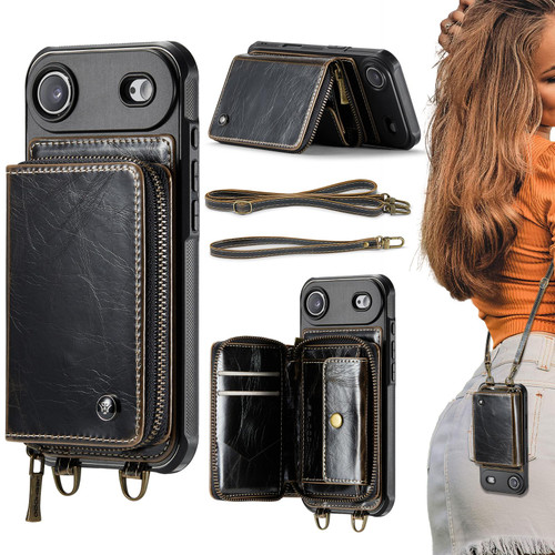 iPhone Air JEEHOOD C22 Series Zipper Wallet Leather Phone Case with Dual Lanyard - Coffee