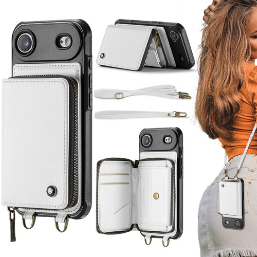 iPhone Air JEEHOOD C22 Series Zipper Wallet Leather Phone Case with Dual Lanyard - White