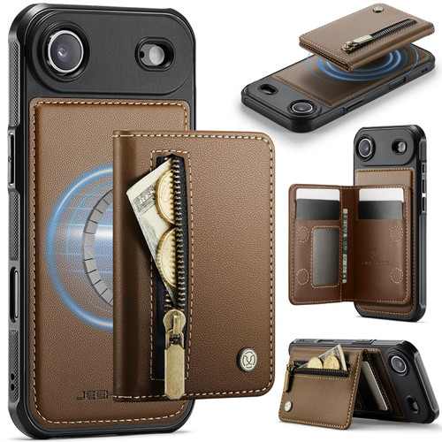 iPhone Air JEEHOOD J12 Exquisite RFID MagSafe Zipper Card Bag Phone Case - Brown
