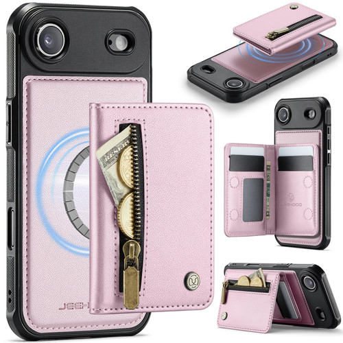 iPhone Air JEEHOOD J12 Exquisite RFID MagSafe Zipper Card Bag Phone Case - Pink