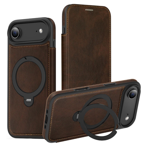 iPhone Air Knight Shield 360 Rotation Holder MagSafe RFID Leather Phone Case - Coffee