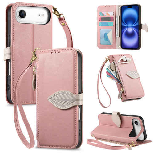 iPhone Air Leaf Buckle Zipper Wallet Leather Phone Case with Strap - Pink