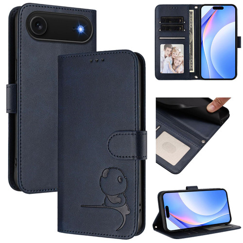 iPhone Air Litter Panda Embossing RFID Leather Phone Case with Lanyard - Blue