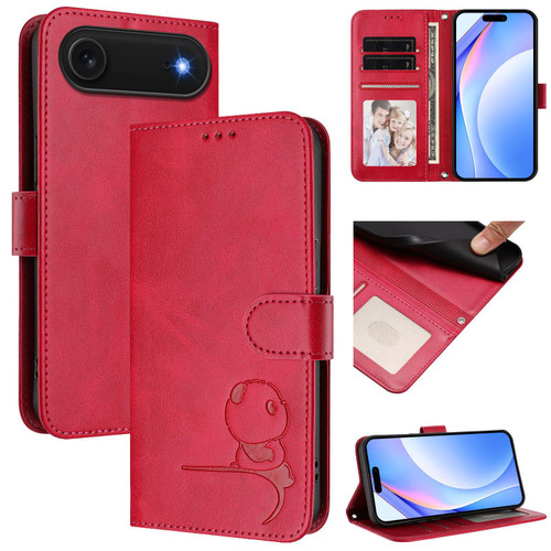 iPhone Air Litter Panda Embossing RFID Leather Phone Case with Lanyard - Rose Red