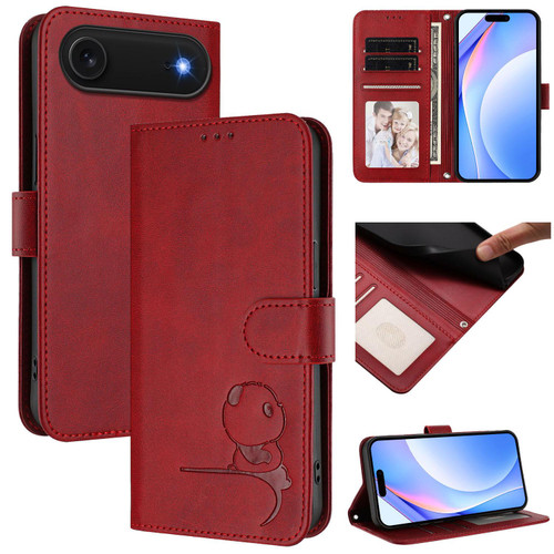 iPhone Air Litter Panda Embossing RFID Leather Phone Case with Lanyard - Wine Red