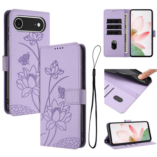 iPhone Air Lotus Embossed Leather Phone Case with Lanyard - Purple