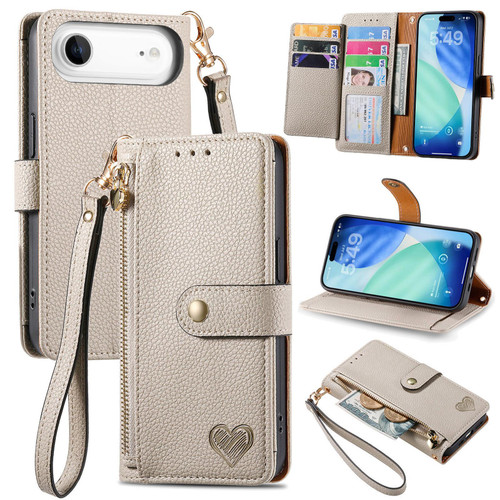 iPhone Air Love Zipper Lanyard Leather Phone Case - Gray