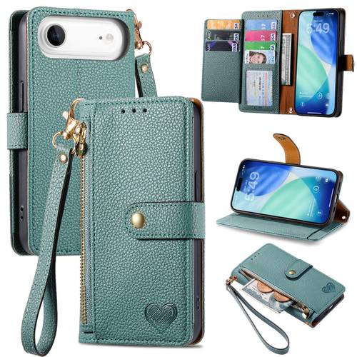 iPhone Air Love Zipper Lanyard Leather Phone Case - Green