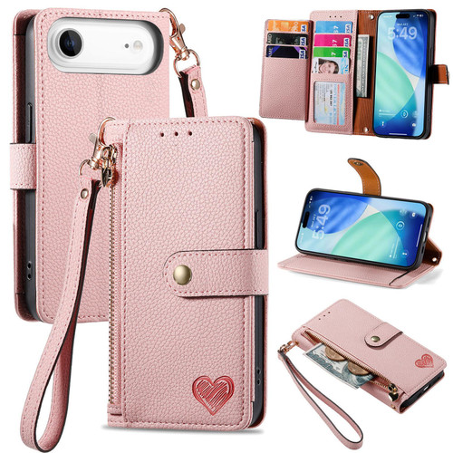 iPhone Air Love Zipper Lanyard Leather Phone Case - Pink